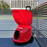 Red PUSUN PT9001 PRO tennis ball machine beside a court net